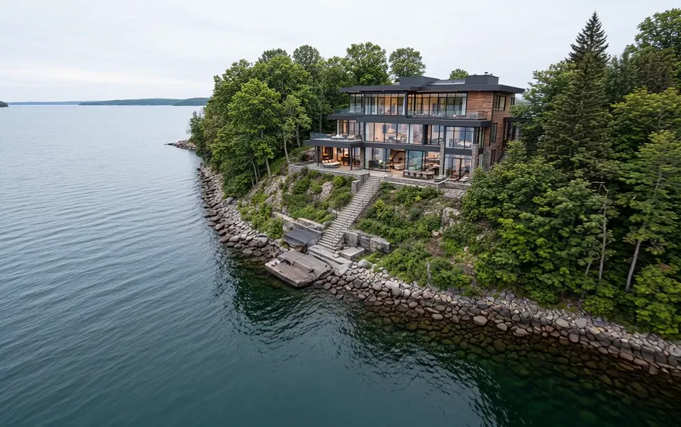 Lakefront Obsidian residence approached from the water